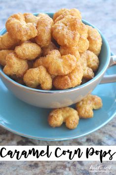 a bowl full of caramel corn pops on top of a blue plate with the words caramel corn pops above it