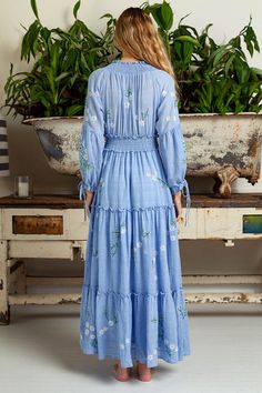 Women Spring And Summer Bohemian Holiday Flower Embroidery Hollow Tassel Decoration Retro Styling Goddess Dress - Blue- M Tassel Decoration, Bohemian Holiday, Vestidos Retro, Marine Uniform, Bohemian Flowers, Holiday Flower, Goddess Dress, Embroidered Maxi Dress, Vacation Dresses