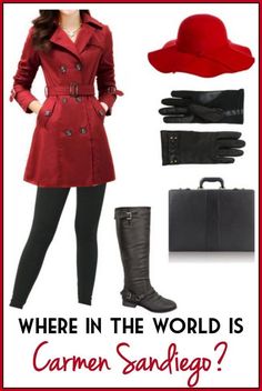 a woman in red coat and black pants with hat, boots and luggage on white background