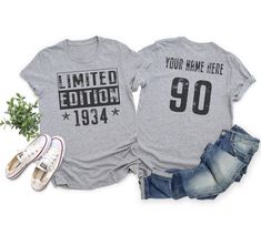 You will love this Limited Edition Grunge 90th birthday shirt, it makes the perfect birthday gift for him or gift for her.  With a personalized back you can add the birthday boy or birthday girl's name to the back along with their favorite number or age, the custom back really sets this celebration shirt apart from the rest.  This Vintage logo is unique to our shop so you wont see it around unless it was purchased here.  Available in many different color choices and styles (Mens, womens, youth) and is available on Tank tops, shirts, sweaters, hoodies, mugs and hats in our store.  So click on our store name and do a search for what your looking for and I am sure you will find something special for that special person in your life. https://www.etsy.com/ca/shop/Shindigcreation ATTENTION We he 90th Birthday Shirt Ideas, Classic Letter Print T-shirt For Anniversary, Casual Name Print T-shirt For Anniversary, Casual T-shirt With Name Print For Anniversary, Celebration Shirt, Favorite Number, Logo Vintage, Birthday Tee, 90th Birthday