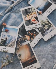 several polaroid pictures are laid out on the jeans