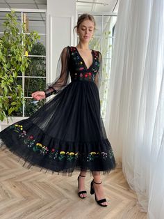 Nightfall Bouquet Midi Dress | Teuta Matoshi Tulle Dress With Floral Embroidery And Fitted Bodice, Tulle Dresses With Floral Embroidery And Fitted Bodice, Floral Embellished V-neck Gala Dress, Floral Embellished V-neck Dress For Gala, Floral Embroidered Evening Dress For Spring Gala, Fitted V-neck Tulle Dress, Elegant Floral Embroidered Tulle Dress, Floral Embellished V-neck Evening Dress, Elegant Floral Print Tulle Dress