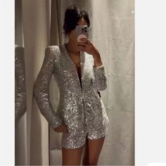 Questions? Leave A Comment Below! Sequin Blazer Outfit, Sequin Blazer, Sequin Outfit, Blazer Outfits, Zara Jackets, Silver Sequin, Set Outfit, High Waisted Shorts, Matching Sets