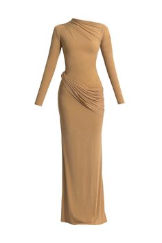 This sophisticated full-sleeve gown exudes elegance with its refined ruching details around the neckline and gracefully draped accents at the hips. The design combines classic elements with a modern silhouette, offering a flattering and timeless look. Simple Gowns Dresses, Medium Contrast Outfits, Full Sleeves Gown, Graduation Outfits For Women, Tan Maxi Dress, Full Sleeve Gowns, Contrast Outfit, Dress To Jumpsuit, Fitted Gown