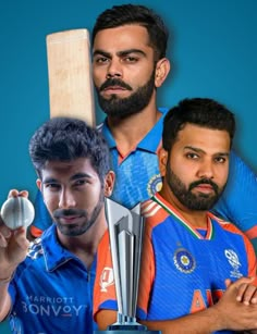 two men in blue and orange uniforms holding up a silver trophy with the same image on it