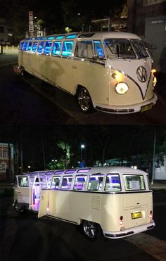 an old vw bus is parked on the side of the road at night and then has its lights on