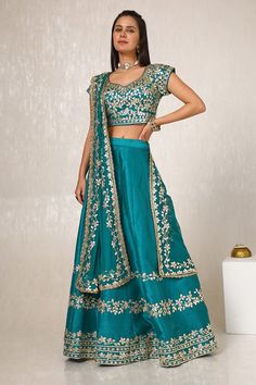 Buy Teal Dupion Silk Ghagra Choli Online in India Set Saree, Ready To Wear Saree, Ghagra Choli, Wear Store, Paneled Skirt, Shrug Cardigan, Trendy Sarees, Dupion Silk