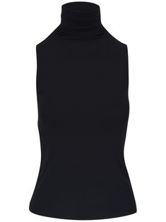 black modal blend high neck sleeveless straight hem Fitted Modal Sleeveless Tank Top, Fitted Sleeveless Modal Tank Top, High Stretch Elastane Halter Neck Top, Chic Sleeveless Mock Neck Top In Solid Color, Black High Neck Tank Top For Night Out, Versatile High Neck Tank Top, Chic Solid Color Sleeveless Mock Neck Top, High Neck Stretch Tops For Night Out, Stretch High Neck Top For Night Out