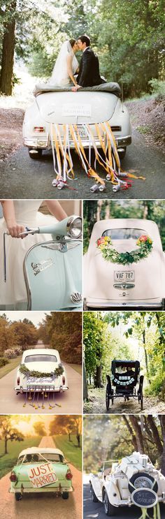 the wedding car is decorated with ribbons and flowers