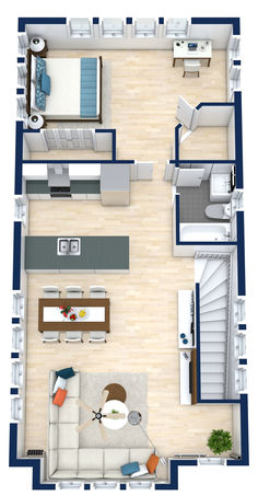 A blue and beige 3D floor plan of an apartment placed above the garage with one bedroom. Garage Upstairs Apartment, Single Car Garage Conversion Apartment, Garage Apartments Interior, Single Garage Apartment, Small Above Garage Apartment, Apartment Garage Ideas, Small Garage Apartment Ideas, Garage Apartment Decorating Ideas, Above Garage Apartment Interior Layout