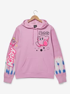 Bring some adorable pink puffball style to your look with this Kirby-inspired sweatshirt! Featuring a portrait of Kirby between stars and Japanese lettering on the front  the sleeves are tie-dyed with "Kirby" lettering and a graphic of the puffball on one sleeve. With a drawstring hood and front pocket  this hoodie is perfect for adding some video game flair to your wardrobe.Please note: due to the nature of tie-dye  wash may varyA BoxLunch Exclusive!80% cotton; 20% polyesterListed in unisex siz Kid Core Outfits, Japanese Lettering, Trippy Clothes, Cutest Bunny Ever, Earflap Beanie, Kirby Stuff, Pink Life, Layered Long Sleeve, Dye Hoodie