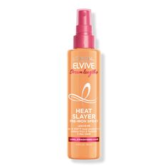 Elvive Dream Lengths Heat Slayer Pre-Iron Spray Leave-In - L'Oréal | Ulta Beauty Supermodel Hair, Heat Protectant Spray, Heat Protectant, Paris Dream, Detangler Spray, Heat Damage, Split Ends, Hair Strengthening, Castor Oil