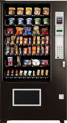 a vending machine with many different types of snacks in it's display case