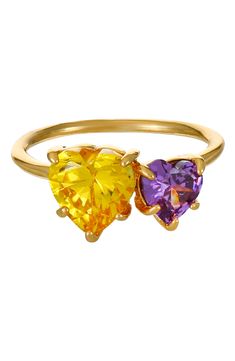 Paired cubic zirconia hearts bring sweet sparkle to a toi-et-moi ring elegantly crafted from 18-karat-gold plate. Cubic zirconia/18k-gold plate Imported Pink Heart Ring, Pink Heart Rings, Double Heart Ring, Yellow Ring, Yellow Rings, Double Heart, Keep Jewelry, Pink Heart, Heart Ring