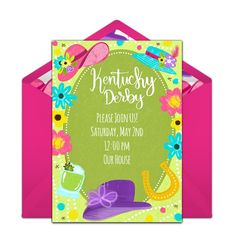 this is an image of a birthday party card with flowers and hats on the front