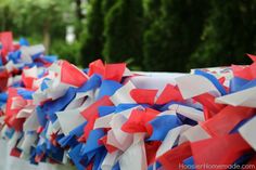 red, white and blue streamers are lined up