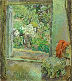 a painting of an open window with a chair in front of it and flowers outside