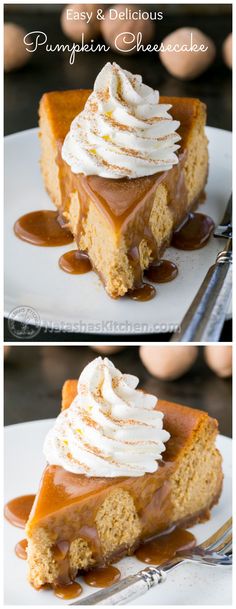 pumpkin cheesecake with whipped cream and caramel drizzled on the top