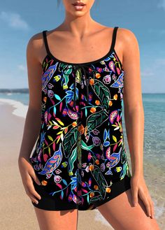 ROTITA Black Spaghetti Strap Floral Print Tankini Top-No Bottom Sleeveless Tankini With Built-in Cups For Beach, Summer Tankini With Built-in Bra And Spaghetti Straps, Sleeveless Beachwear Tankini With Built-in Cups, Sleeveless Tankini With Built-in Bra For Beachwear, Beachwear Tankini With Built-in Bra And Spaghetti Straps, Backless Swimwear, Black Spaghetti Strap, Backless Swimsuit, Plus Size Tankini