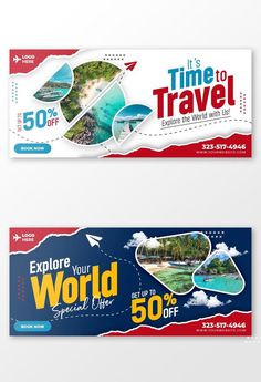 two travel banners with the words explore your world on them