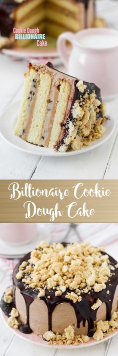 two different types of cake on plates with the words billonare cookie dough cake