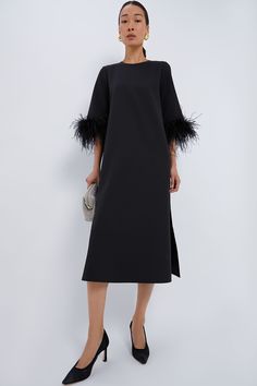 Black Feather Jamie Dress | Tuckernuck Tuckernuck Dress, Cocktail Dress Code, Feather Cuffs, Cocktail Attire, Black Feathers, Double Knit, Night Looks, Elbow Length Sleeve, Mom Style