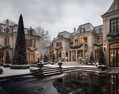 a large house with a fountain in front of it and christmas decorations on the trees