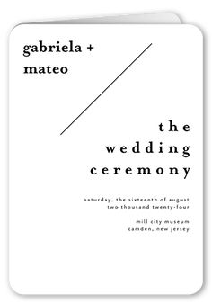 the wedding ceremony card is shown in black and white, with an arrow on it