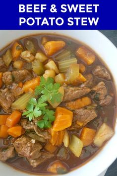 beef and sweet potato stew in a white bowl