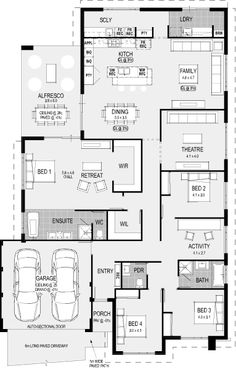 the floor plan for a three bedroom house with two car garages and an attached living area