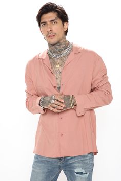 Available In Red, Black, White, Off White, Purple, Pink, And Mauve. Long Sleeve Fold Down Collar Button Front 100% Viscose Imported | Mens Dawson Button Up Shirt in Mauve size Small by Fashion Nova Casual Pink Top With Lapel Collar, Mens Shirts Fashion, Long Sleeve Button Up Shirt, Woven Top, Mens Activewear, Tee Shop, Button Up Shirt, Ripped Jeans, Mens Bottom