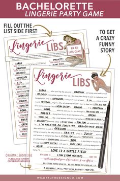 Looking for a bachelorette game that'll have the girls in tears from laughter?! This hilarious honeymoon & lingerie advice madlib is the perfect party game for your lingerie party, bridal shower, or bachelorette party. Plenty of potential to get wild n' crazy (wink wink). 🌈 INSTANT DOWNLOADDownload & play within minutes. After purchase, you'll receive an email with a button to download your game. 🌈 PROFESSIONAL NON-EDITABLE PDFThe files are flattened, meaning they are NOT EDITABLE. Sold as sho Lingerie Party Games, Bridal Lingerie Party, Lingerie Shower Games, Bachelorette Lingerie Party, Bridal Lingerie Shower, Lingerie Bachelorette, Bachelorette Game, Bachelorette Party Game, Bride Shower