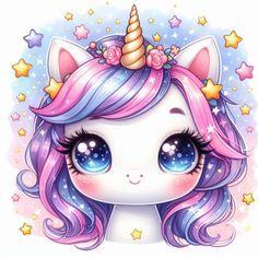 a cute unicorn with pink hair and blue eyes