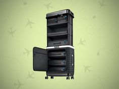 two suitcases stacked on top of each other with airplanes flying above them and green background