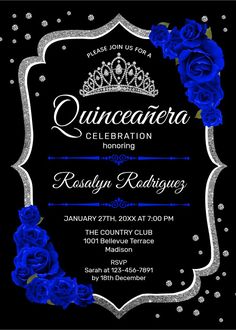 a black and blue quinceaueria birthday party with roses on the front, silver foil