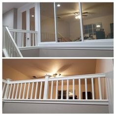 two pictures of the inside of a house with white railings and glass doors on both sides