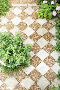 an aerial view of a garden with flowers and plants in the center, from above