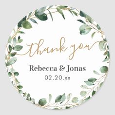 a round thank sticker with greenery leaves