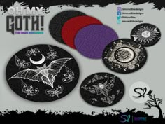 some black and white buttons with designs on them