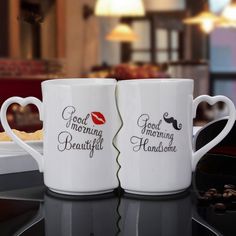 two white coffee mugs with the words good morning, beautiful and handsome on them