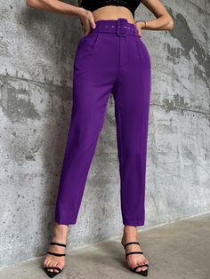 Purple Elegant   Polyester Plain Tapered/Carrot Embellished Non-Stretch Spring/Summer/Fall Women Bottoms Casual High Rise Purple Pants, Chic Purple Ankle-length Bottoms, Elegant Wide-leg Purple Pants, Chic Purple Ankle-length Pants, Purple Full-length Elastane Pants, Women Bottoms, Clean Body, Tapered Trousers, Bodycon Dress Parties