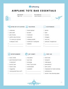 the airplane tote bag essentials list is shown in this blue and white printable