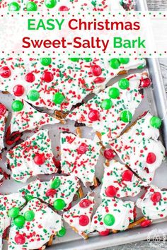 an easy christmas sweet - salty bark recipe with white frosting and sprinkles