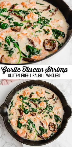 two pictures of the same dish in different pans, one with shrimp and spinach