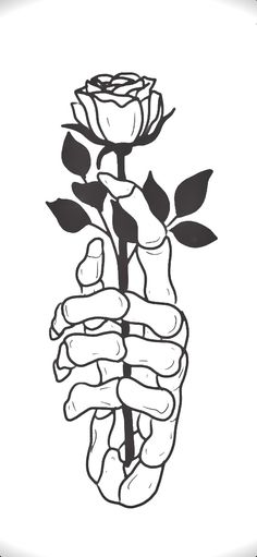 a black and white drawing of a hand holding a rose