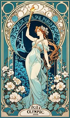 an art nouveau poster with a woman holding a torch in her hand and flowers around her neck