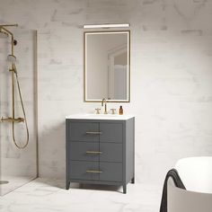 a bathroom with a sink, mirror and bathtub next to a walk in shower