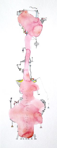 watercolor and ink drawing of a pink building