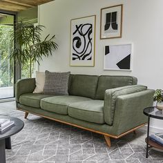 a green couch sitting in a living room next to a table with a potted plant on it