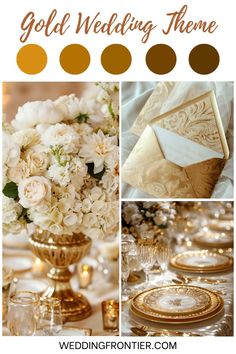 gold and white wedding theme with flowers, napkins, plates and place settings on the table